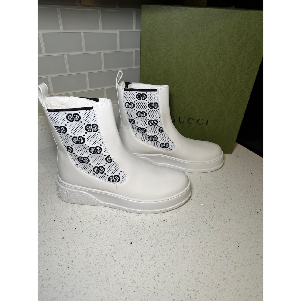Gucci GG Monogram White Leather Chelsea Boots Women's Size 42 NWT With Box